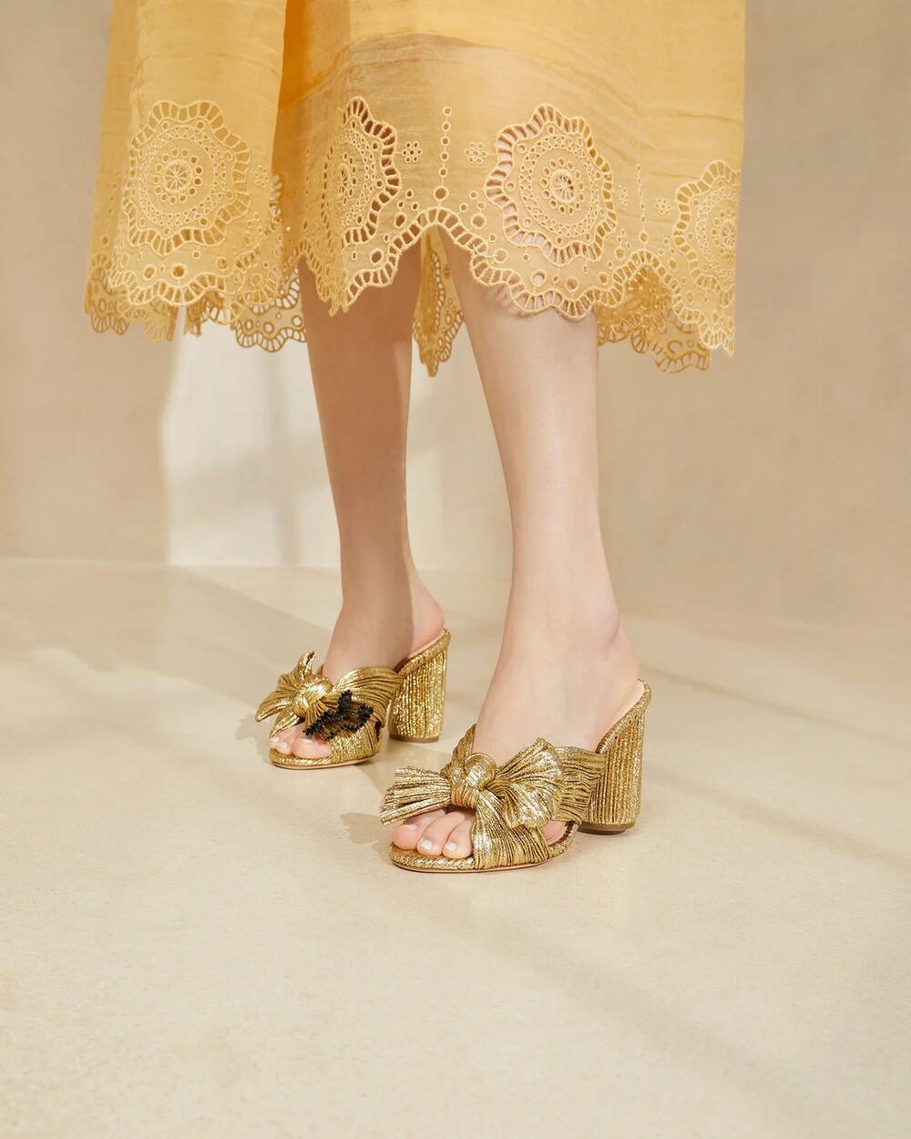 Loeffler Randall Penny Mules Metallic Gold Pleated Bow Block Heel Sandals 7.5